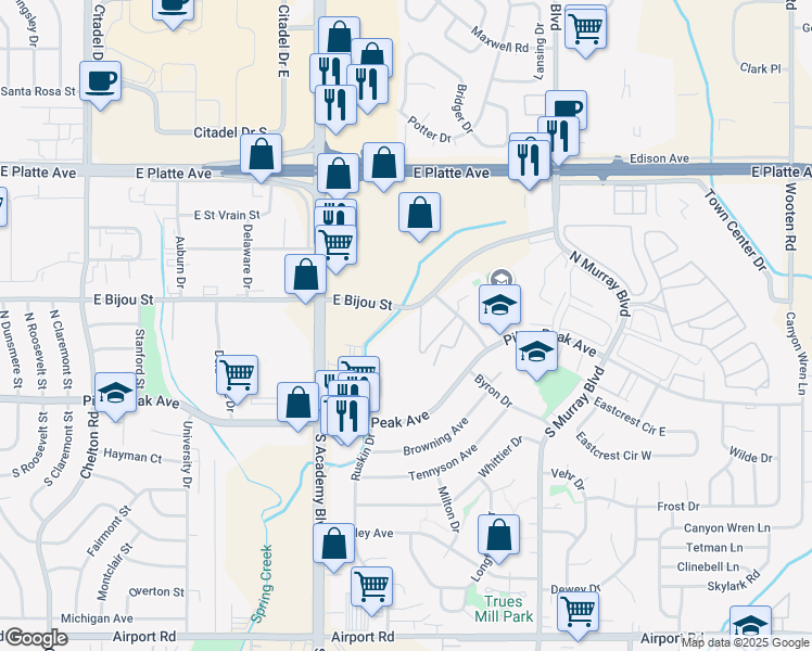 map of restaurants, bars, coffee shops, grocery stores, and more near 3955 East Bijou Street in Colorado Springs