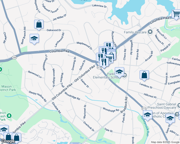 map of restaurants, bars, coffee shops, grocery stores, and more near 4121 Old Columbia Pike in Annandale