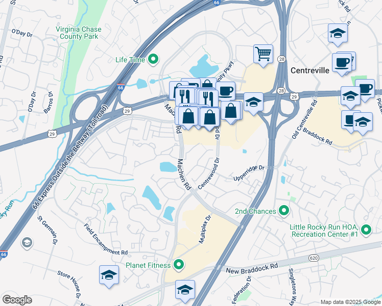 map of restaurants, bars, coffee shops, grocery stores, and more near 6031 Callaway Court in Centreville