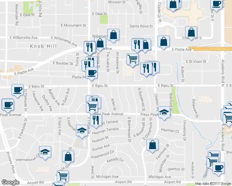 map of restaurants, bars, coffee shops, grocery stores, and more near 120 Arrawanna Street in Colorado Springs