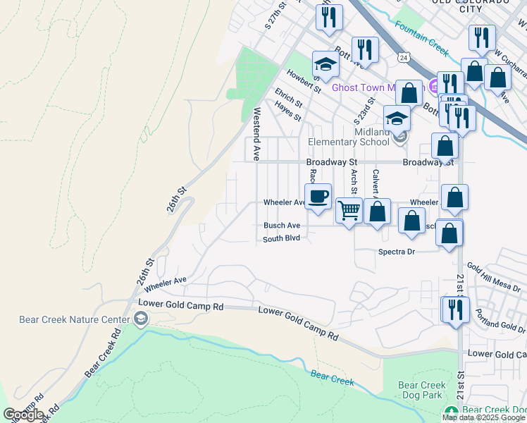 map of restaurants, bars, coffee shops, grocery stores, and more near 1409 Westend Avenue in Colorado Springs