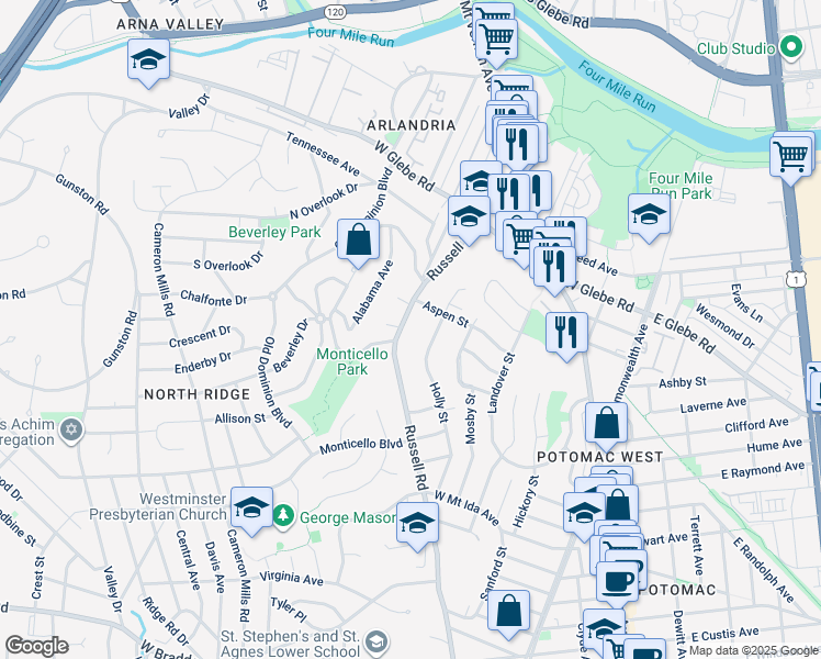 map of restaurants, bars, coffee shops, grocery stores, and more near 3305 Russell Road in Alexandria
