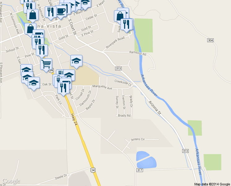 map of restaurants, bars, coffee shops, grocery stores, and more near 104 Surrey Street in Buena Vista