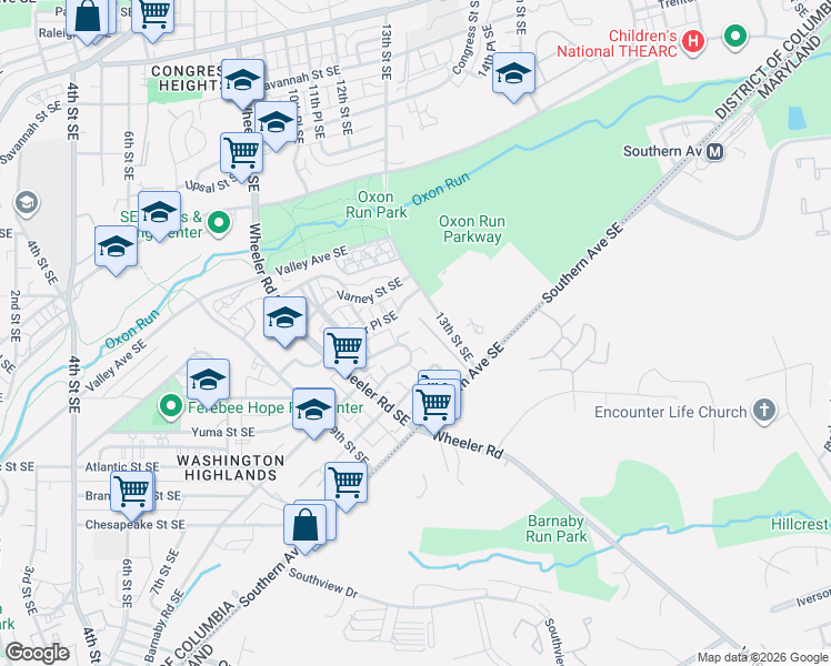 map of restaurants, bars, coffee shops, grocery stores, and more near 1142 Barnaby Terrace Southeast in Washington