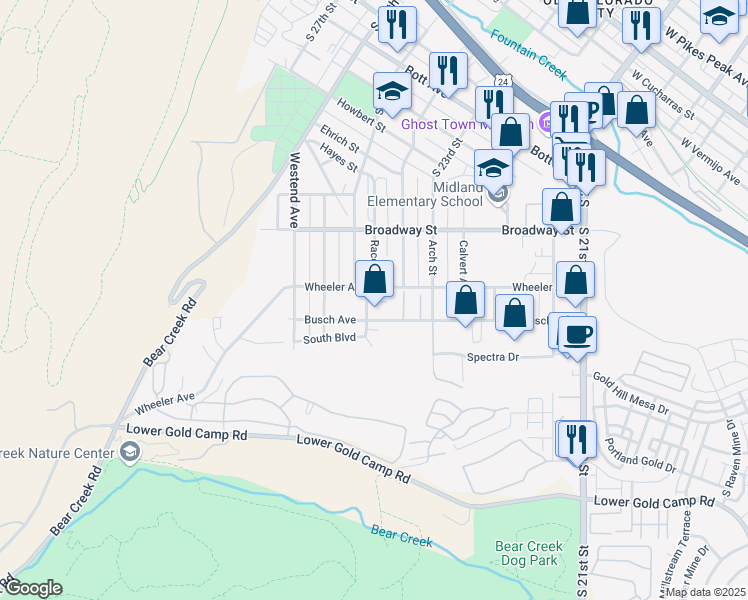 map of restaurants, bars, coffee shops, grocery stores, and more near 1403 Race Street in Colorado Springs