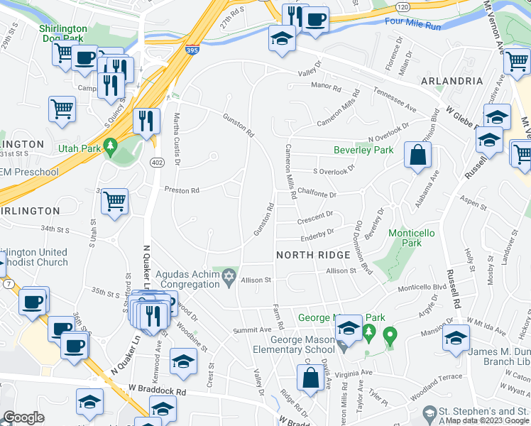 map of restaurants, bars, coffee shops, grocery stores, and more near 3302 Gunston Road in Alexandria