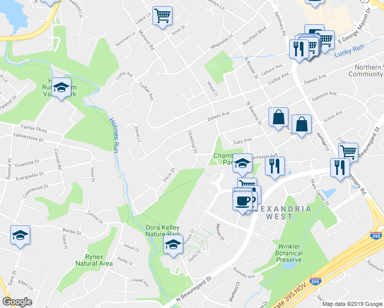 map of restaurants, bars, coffee shops, grocery stores, and more near 4104 Chestnut Place in Alexandria
