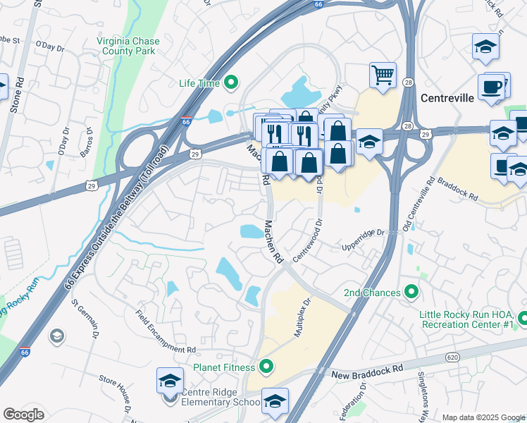 map of restaurants, bars, coffee shops, grocery stores, and more near 6005 Rosebud Lane in Centreville