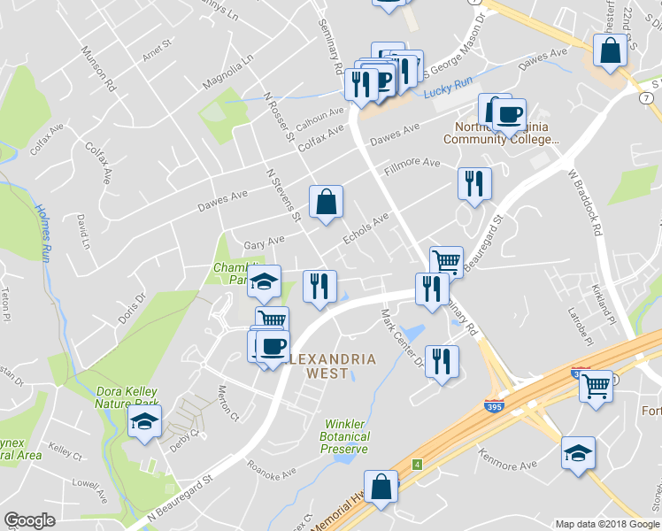 map of restaurants, bars, coffee shops, grocery stores, and more near 2461 North Stevens Street in Alexandria