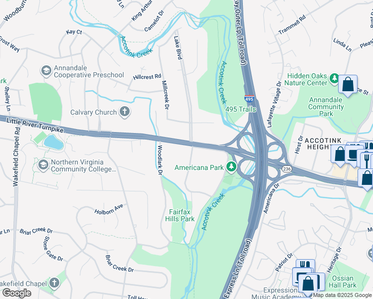 map of restaurants, bars, coffee shops, grocery stores, and more near 4100 Pineridge Drive in Annandale
