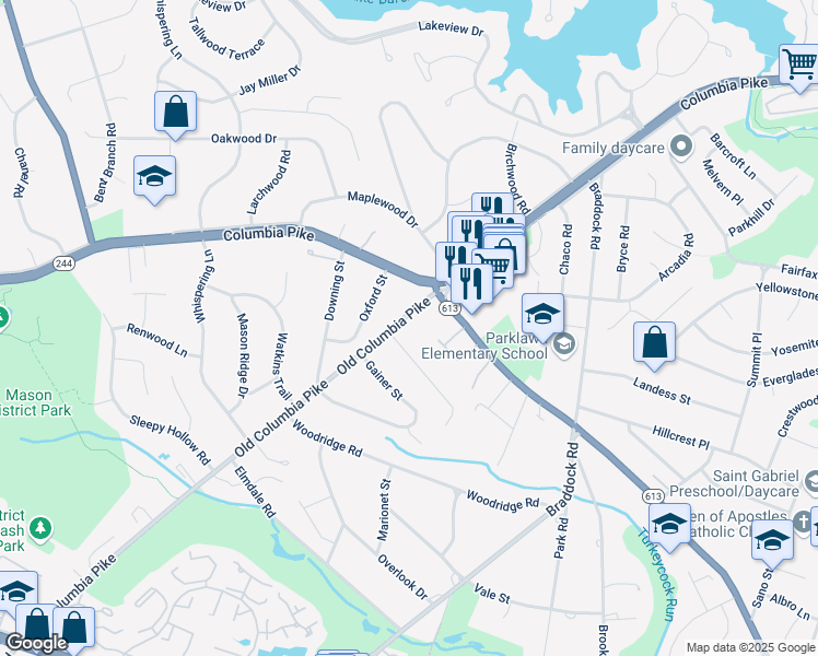 map of restaurants, bars, coffee shops, grocery stores, and more near 4121 Old Columbia Pike in Annandale