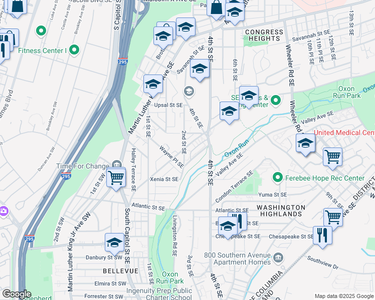 map of restaurants, bars, coffee shops, grocery stores, and more near 3820 2nd Street Southeast in Washington