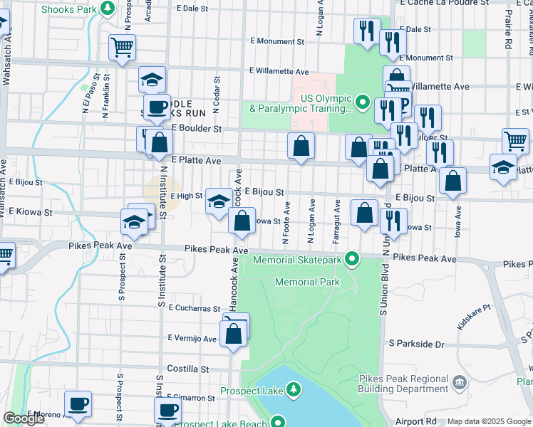 map of restaurants, bars, coffee shops, grocery stores, and more near 105 North Sheridan Avenue in Colorado Springs