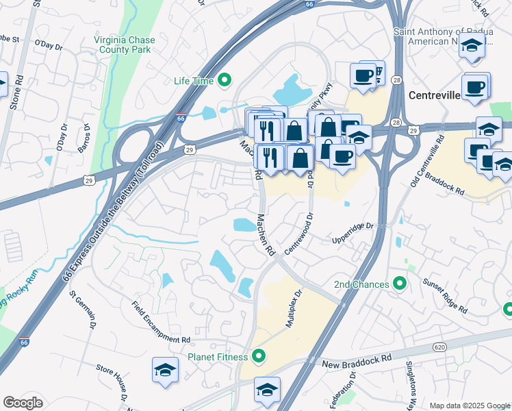 map of restaurants, bars, coffee shops, grocery stores, and more near 6005 Rosebud Lane in Centreville