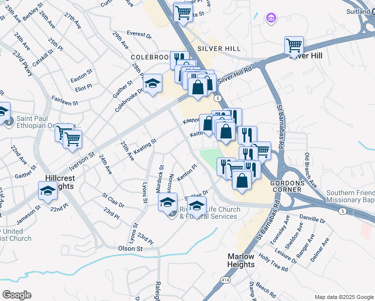 map of restaurants, bars, coffee shops, grocery stores, and more near 4007 28th Avenue in Temple Hills