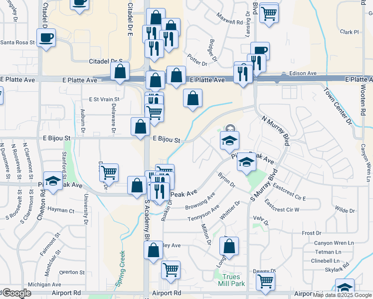 map of restaurants, bars, coffee shops, grocery stores, and more near 3955 East Bijou Street in Colorado Springs