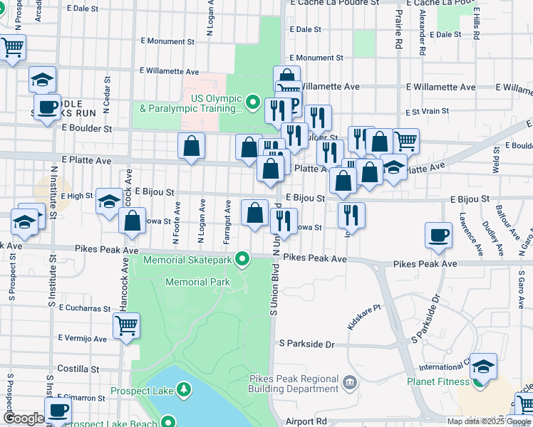 map of restaurants, bars, coffee shops, grocery stores, and more near 112 North Meade Avenue in Colorado Springs
