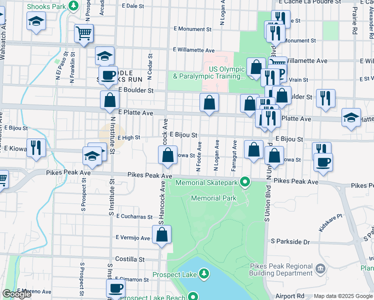 map of restaurants, bars, coffee shops, grocery stores, and more near 105 North Sheridan Avenue in Colorado Springs