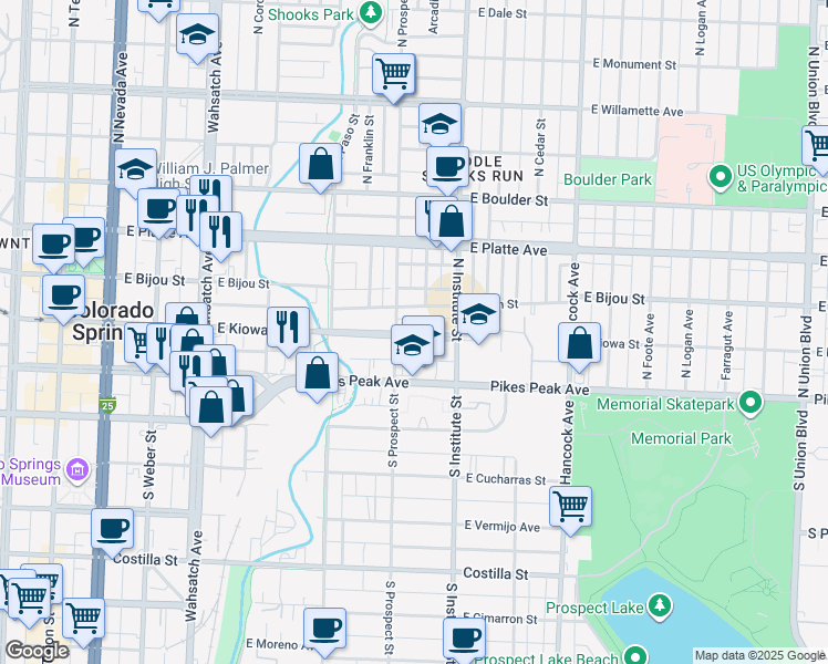 map of restaurants, bars, coffee shops, grocery stores, and more near 822 East Kiowa Street in Colorado Springs