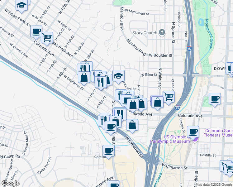 map of restaurants, bars, coffee shops, grocery stores, and more near 11 Colorado Avenue in Colorado Springs
