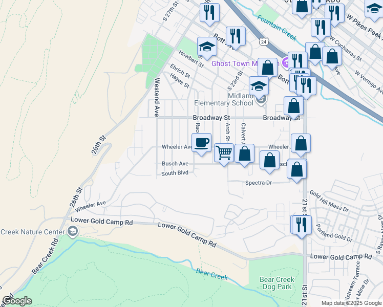 map of restaurants, bars, coffee shops, grocery stores, and more near 1403 Race Street in Colorado Springs
