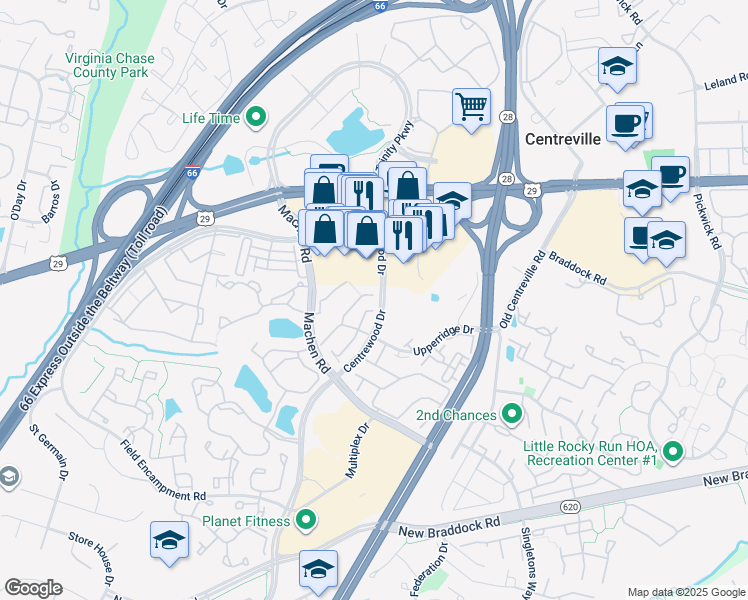 map of restaurants, bars, coffee shops, grocery stores, and more near 6001 Honnicut Drive in Centreville