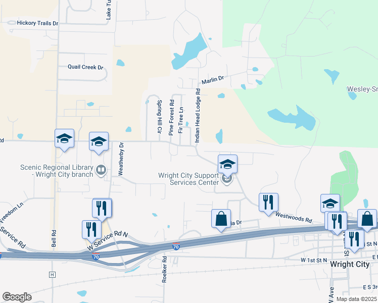 map of restaurants, bars, coffee shops, grocery stores, and more near 612 Westwoods Road in Wright City