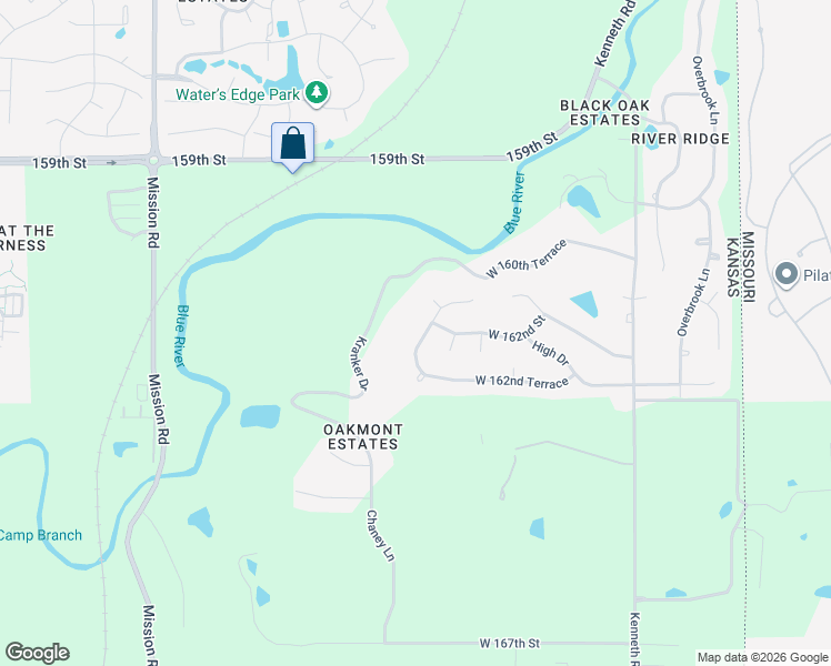 map of restaurants, bars, coffee shops, grocery stores, and more near 16201 Canterbury Road in Stilwell