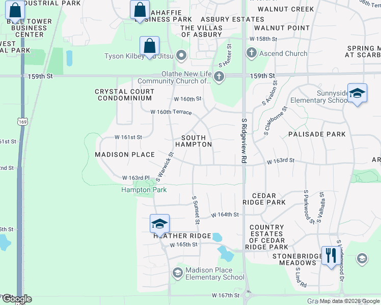 map of restaurants, bars, coffee shops, grocery stores, and more near 16243 South Blake Street in Olathe
