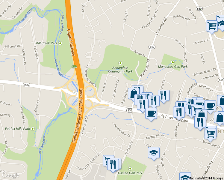 map of restaurants, bars, coffee shops, grocery stores, and more near 4026 Estabrook Drive in Annandale