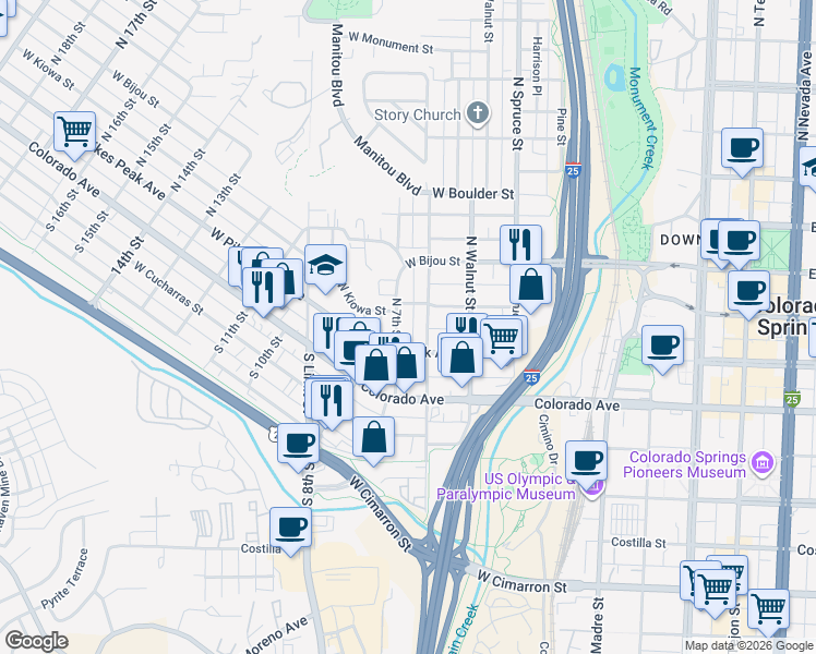 map of restaurants, bars, coffee shops, grocery stores, and more near 20 North Chestnut Street in Colorado Springs