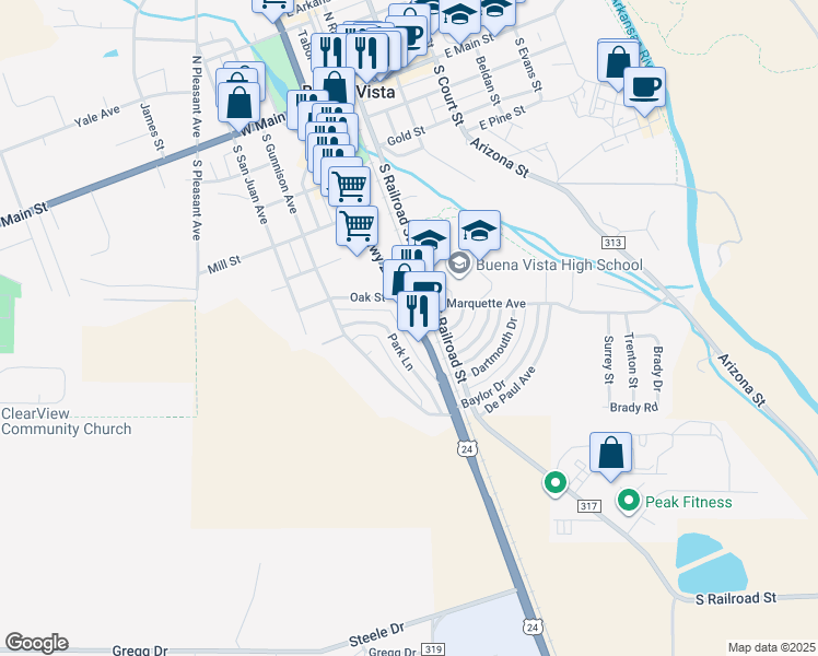 map of restaurants, bars, coffee shops, grocery stores, and more near 708 U.S. 24 in Buena Vista