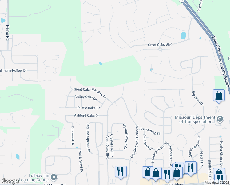 map of restaurants, bars, coffee shops, grocery stores, and more near 507 Great Oaks Meadow Drive in Wentzville