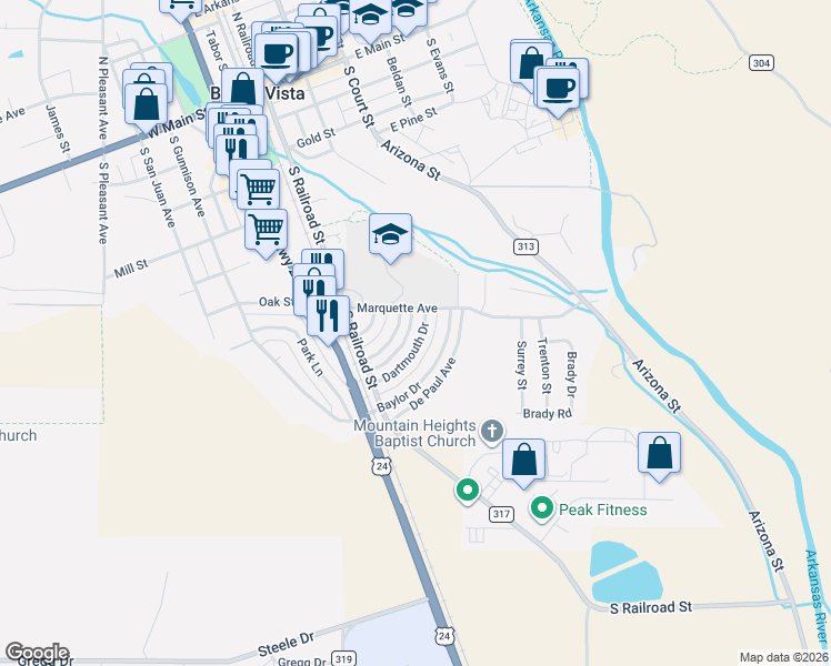 map of restaurants, bars, coffee shops, grocery stores, and more near 127 Dartmouth Drive in Buena Vista