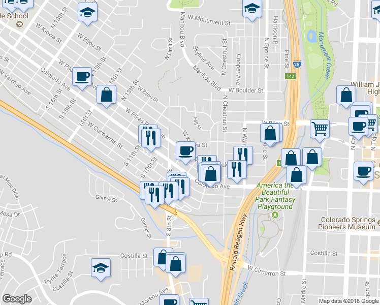 map of restaurants, bars, coffee shops, grocery stores, and more near 810 West Pikes Peak Avenue in Colorado Springs