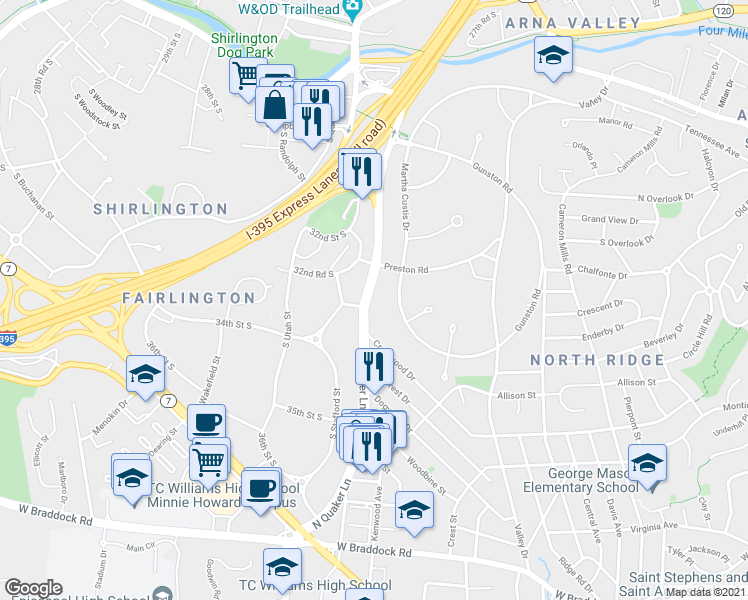 map of restaurants, bars, coffee shops, grocery stores, and more near 1917 North Quaker Lane in Alexandria