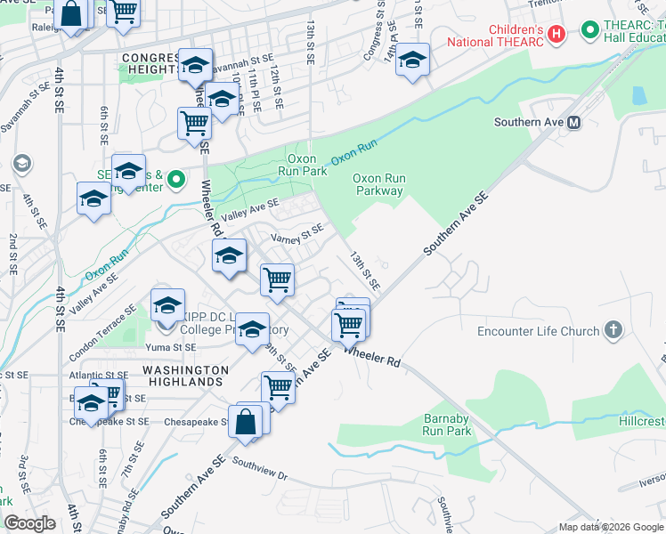 map of restaurants, bars, coffee shops, grocery stores, and more near 1140 Barnaby Terrace Southeast in Washington