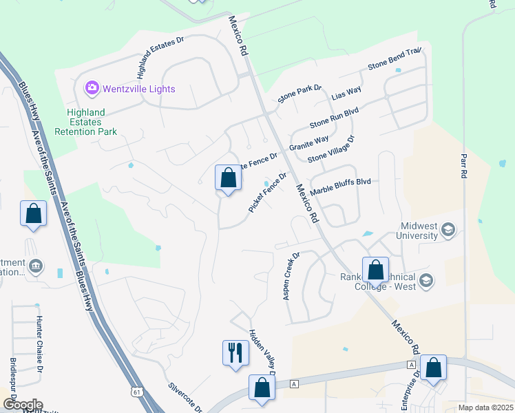 map of restaurants, bars, coffee shops, grocery stores, and more near 420 Picket Fence Drive in Wentzville