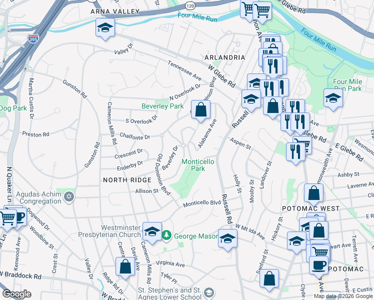 map of restaurants, bars, coffee shops, grocery stores, and more near 1 Washington Circle in Alexandria