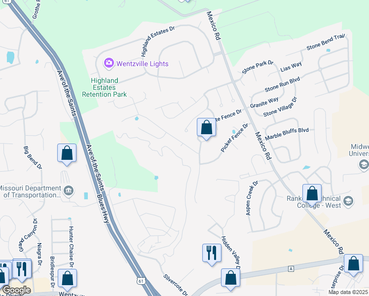 map of restaurants, bars, coffee shops, grocery stores, and more near 209 Split Rail Drive in Wentzville