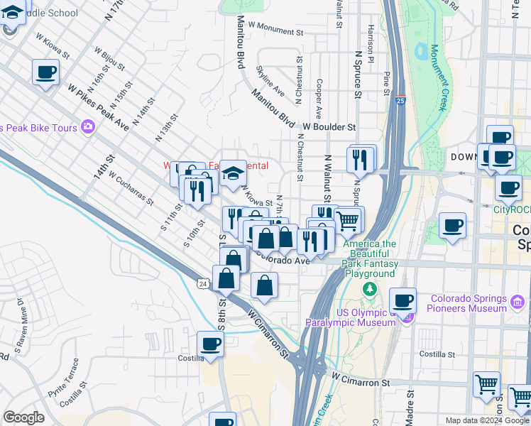 map of restaurants, bars, coffee shops, grocery stores, and more near 11 N 8th St in Colorado Springs