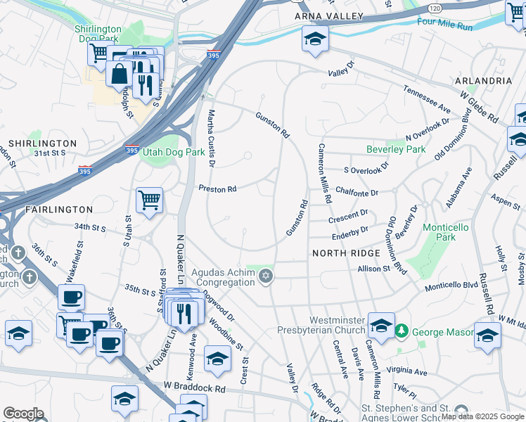 map of restaurants, bars, coffee shops, grocery stores, and more near 3314 Valley Drive in Alexandria