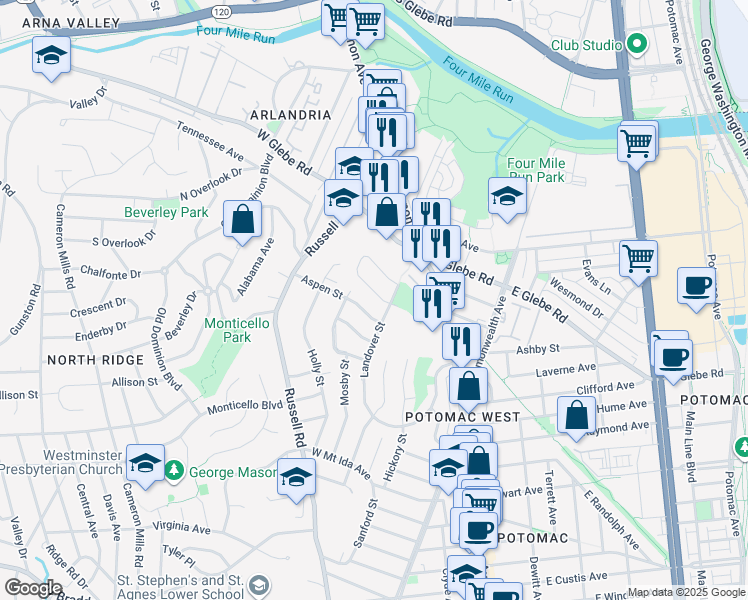 map of restaurants, bars, coffee shops, grocery stores, and more near 210 Burgess Avenue in Alexandria