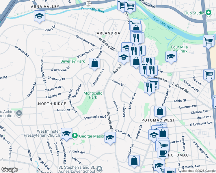map of restaurants, bars, coffee shops, grocery stores, and more near 3305 Russell Road in Alexandria