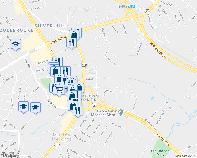 map of restaurants, bars, coffee shops, grocery stores, and more near 4106 Apple Leaf Way in Suitland-Silver Hill