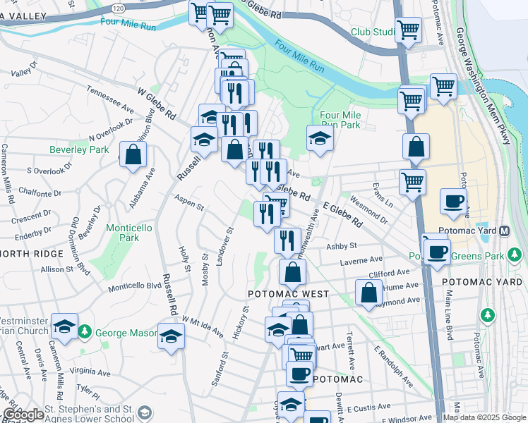 map of restaurants, bars, coffee shops, grocery stores, and more near 108 Sanborn Place in Alexandria