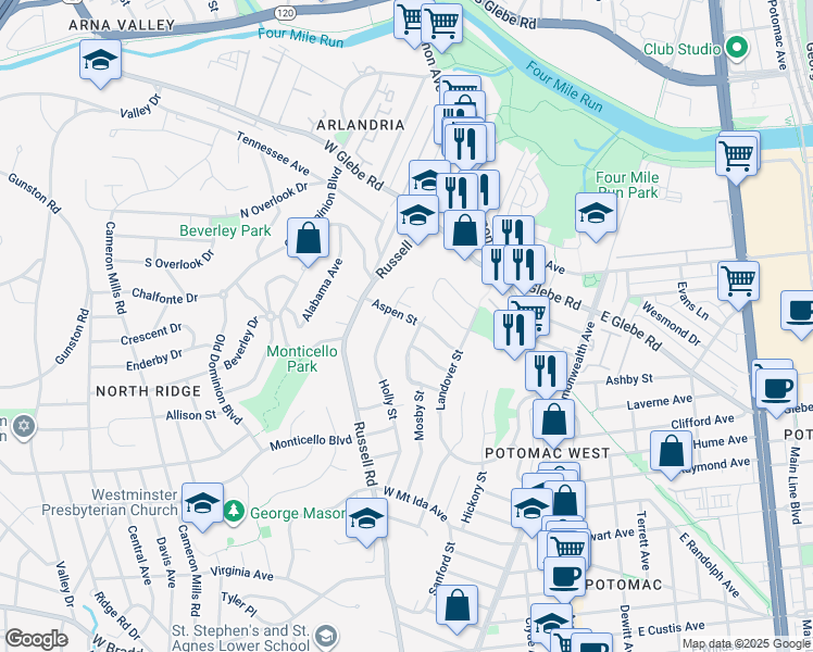 map of restaurants, bars, coffee shops, grocery stores, and more near in Alexandria
