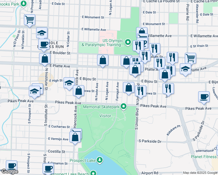 map of restaurants, bars, coffee shops, grocery stores, and more near 111 North Logan Avenue in Colorado Springs