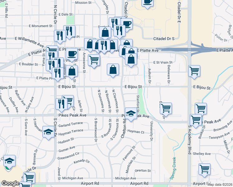 map of restaurants, bars, coffee shops, grocery stores, and more near 115 North Claremont Street in Colorado Springs