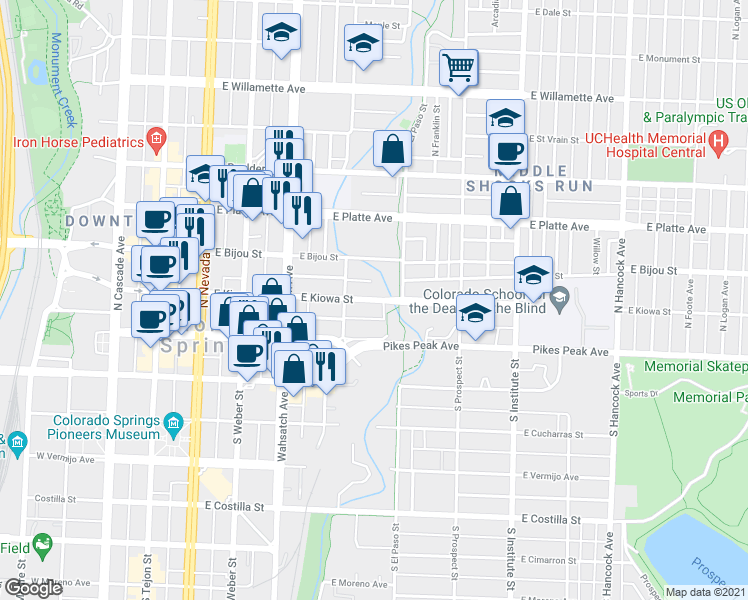 map of restaurants, bars, coffee shops, grocery stores, and more near 578 East Kiowa Street in Colorado Springs